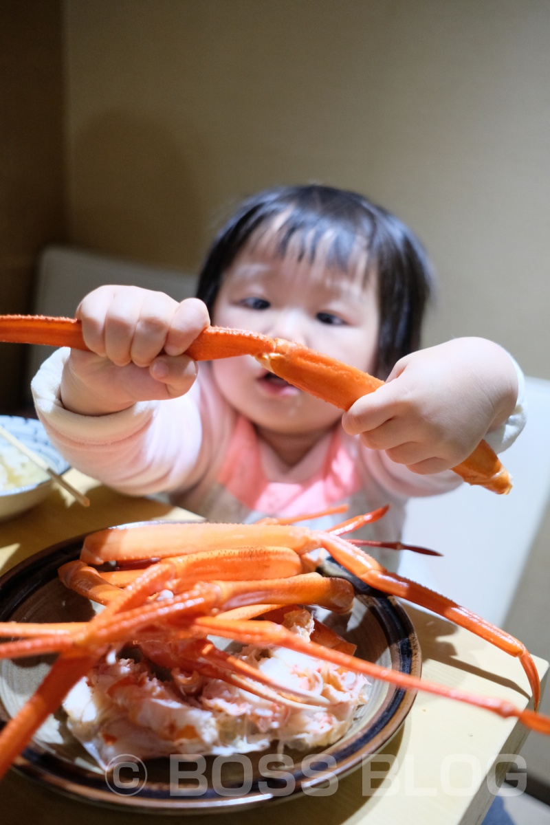 二歳半で蟹の食べ方上手な姫ちゃん！膝の上に乗せたままでは思う様に食べられまへん（笑）