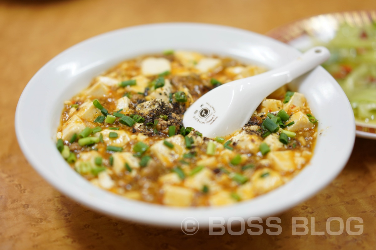 辛みと山椒を抑えた麻婆豆腐、味の薄めの野菜水餃子スープ
